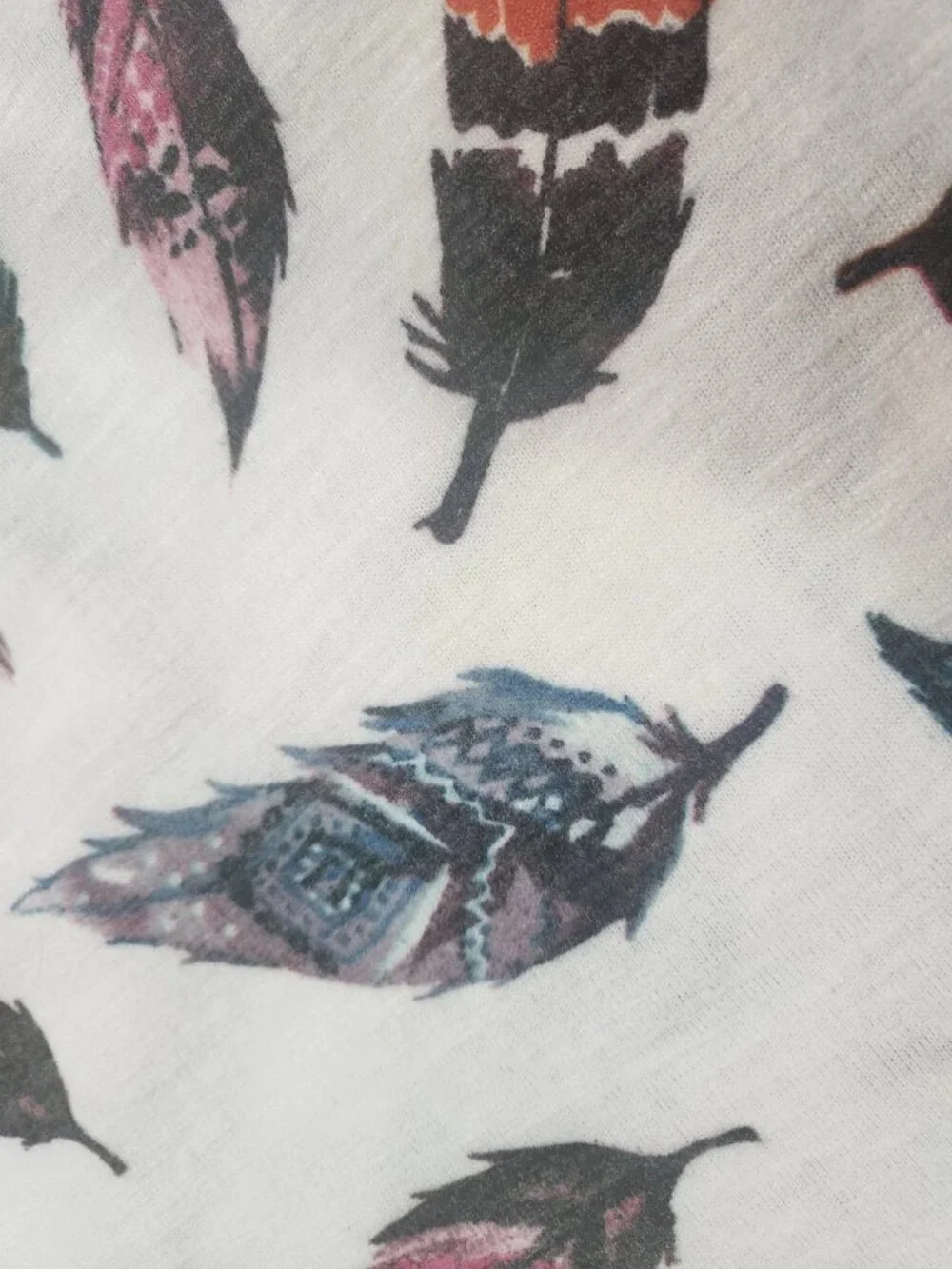 4 yards Hacci Knit Fabric White with Colorful Feathers ... Beautiful!